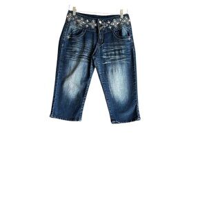 JJ SPARKLES WOMAS  JUNIORS EMBELLISHED RHINESTONES CAPRI DENIM JEANS SZ 9
